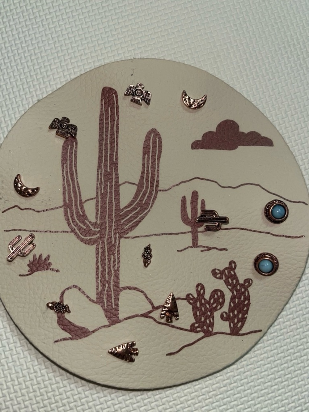 Desert Cactus Leather Coaster with Copper Accents - Beige & Dusty Rose